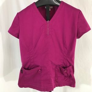 Magenta Koi Stretch Scrub Top Zipper Collar Sz XL